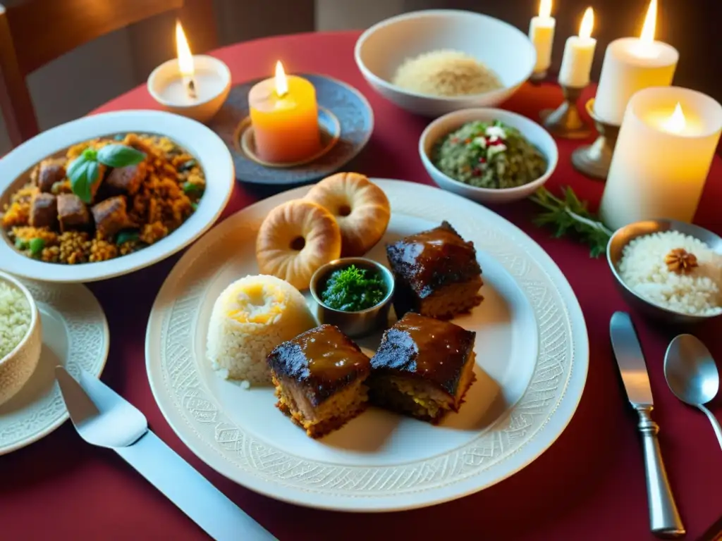 Una mesa bellamente decorada con platos de gastronomía islámica: Recetas históricas y culturales, iluminada por velas y adornos islámicos