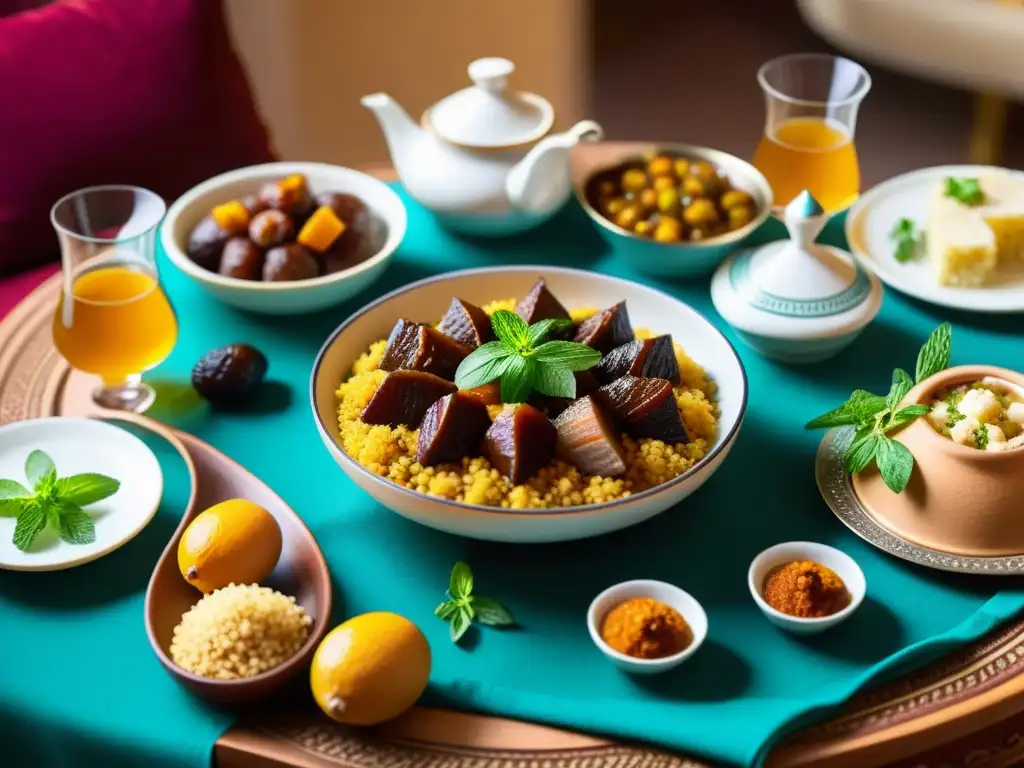 Una mesa bellamente decorada con platos tradicionales de Laylat alRaghaib, rodeada de familiares en animada conversación