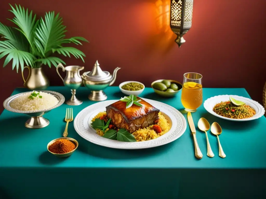 Una mesa bellamente decorada con platos tradicionales de cocina islámica en Europa, rodeada de exuberante vegetación y cálida iluminación