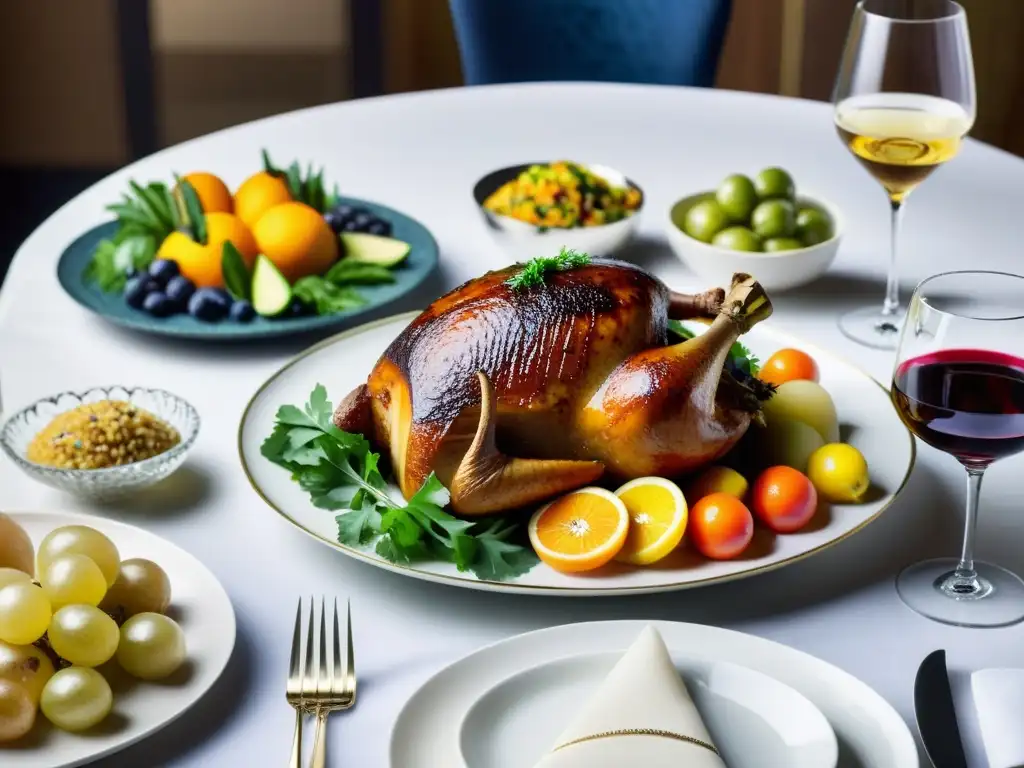 Una mesa exquisitamente decorada con platos vibrantes de la gastronomía islámica y una selección de vinos sin alcohol