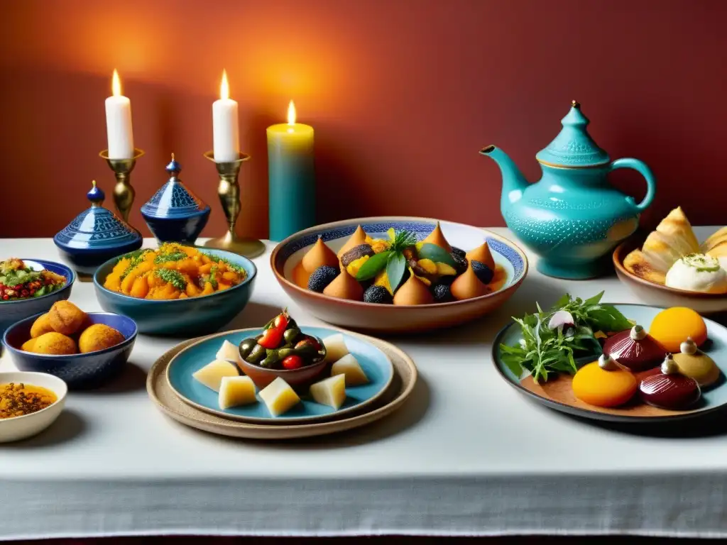 Una mesa exquisitamente decorada con recetas tradicionales AlÁndalus, incluyendo tagines, pastelería, ensaladas y mezze