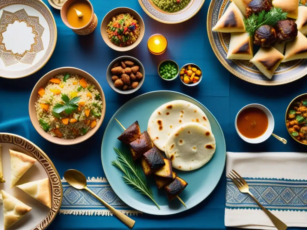 Una mesa bellamente decorada con un festín tradicional islámico, con platos preferidos de Mahoma, bañada en cálida luz dorada