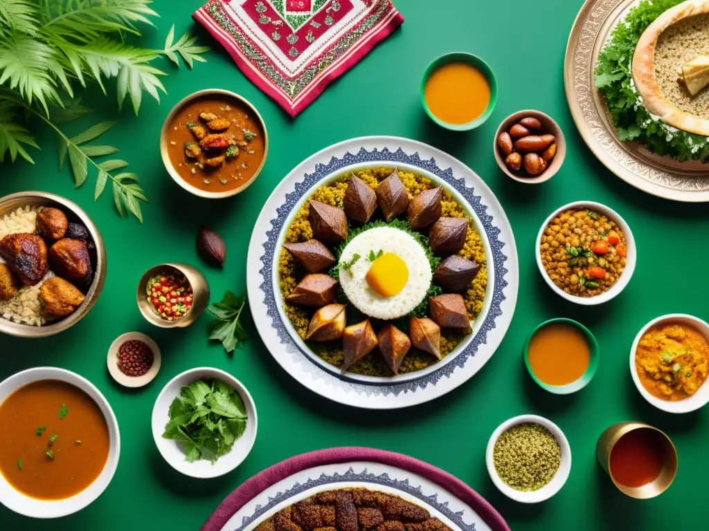 Una mesa decorada con una variedad de platos coloridos y aromáticos de la gastronomía islámica, rodeada de exuberante vegetación y especias