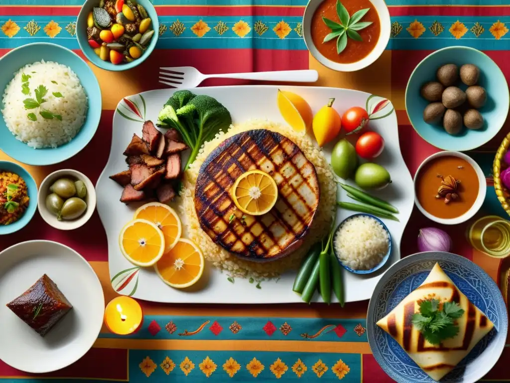 Una mesa decorada con una variedad de platos de la tradicional comida islámica, resaltando los beneficios de la dieta y la gastronomía islámica