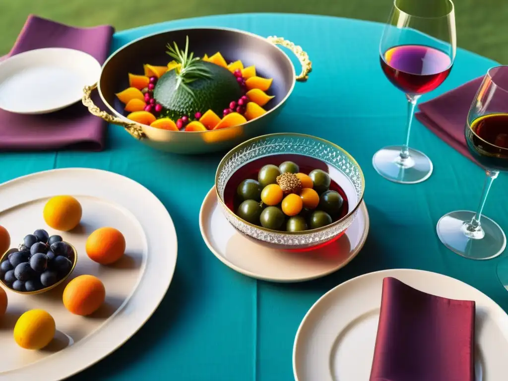 Mesa elegante con platos coloridos de la gastronomía islámica y copas de vinos sin alcohol, creando una atmósfera cálida y acogedora