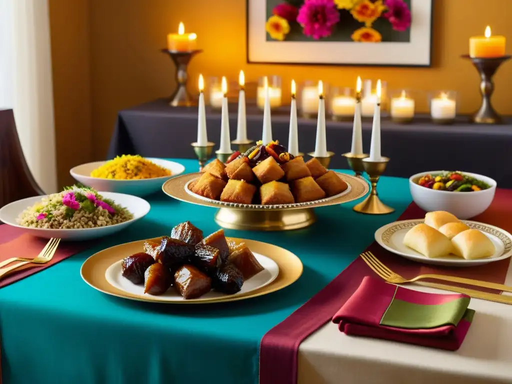 Una mesa festiva de celebración Eid alFitr Ramadán con exquisitos platos tradicionales y una atmósfera acogedora y alegre