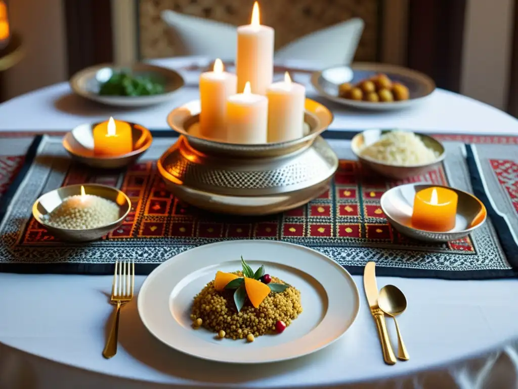 Una mesa islámica exquisitamente decorada con patrones geométricos y comida tradicional, iluminada por velas