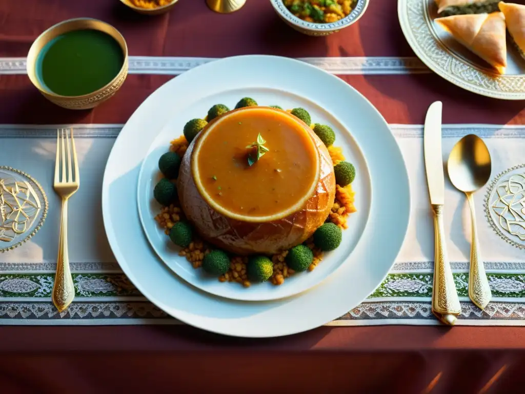 Una mesa islámica bellamente decorada con patrones geométricos, exquisita vajilla y deliciosos platillos tradicionales