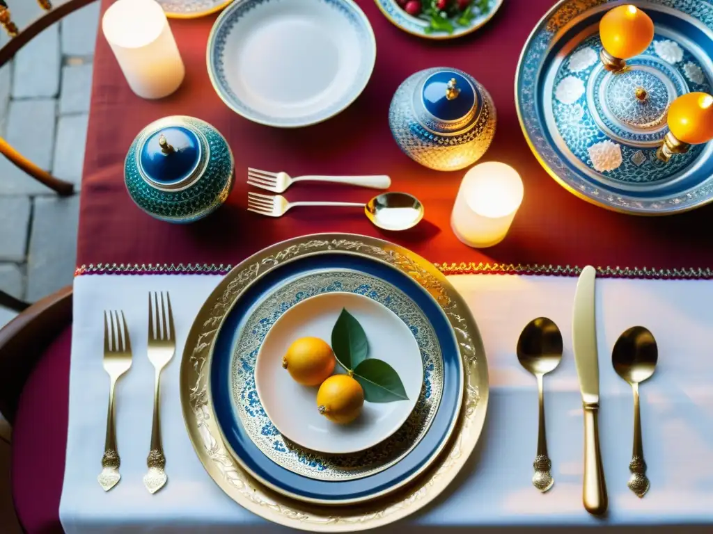 Una mesa islámica ricamente decorada, con platos coloridos y aromáticos