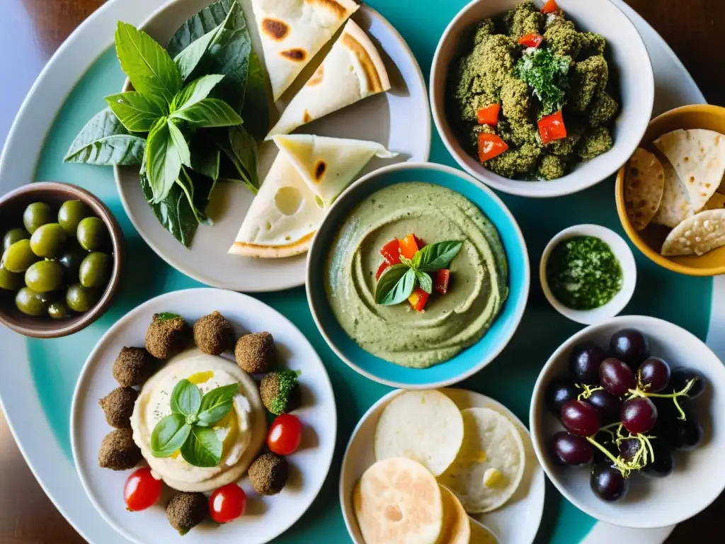 Una mesa llena de coloridos y apetitosos platos de mezze del Medio Oriente, presentados bellamente en platos de cerámica