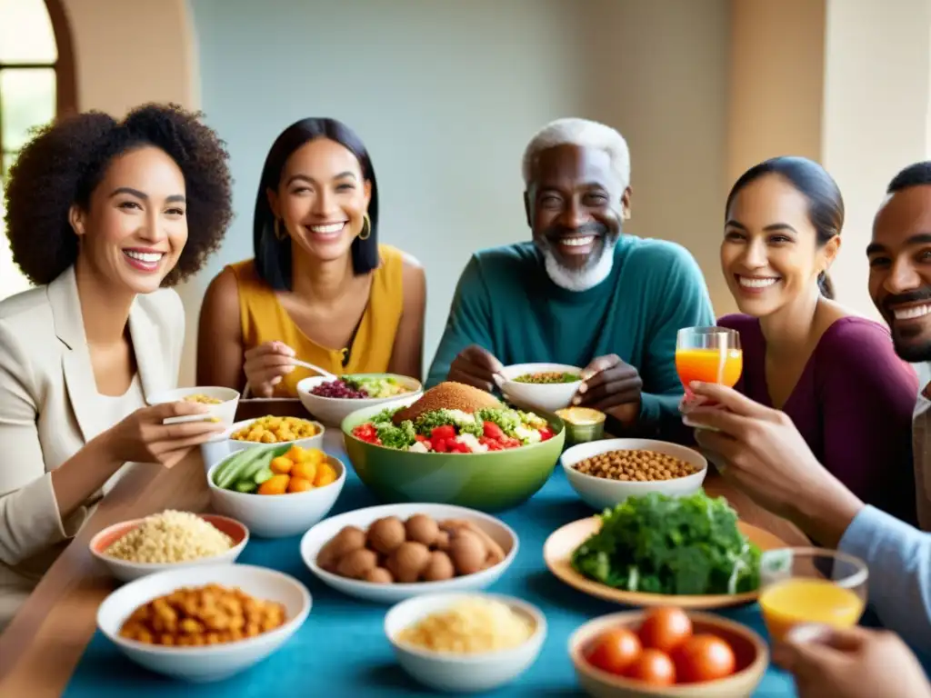 Una mesa llena de comida halal y personas diversas sonrientes, reflejando comunidad y nutrición con suplementos halal para nutrición