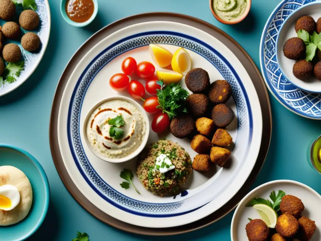 Una mesa llena de los platos preferidos de Mahoma, con kebabs, hummus, falafel, tabbouleh y pan de pita, en una presentación apetitosa y acogedora