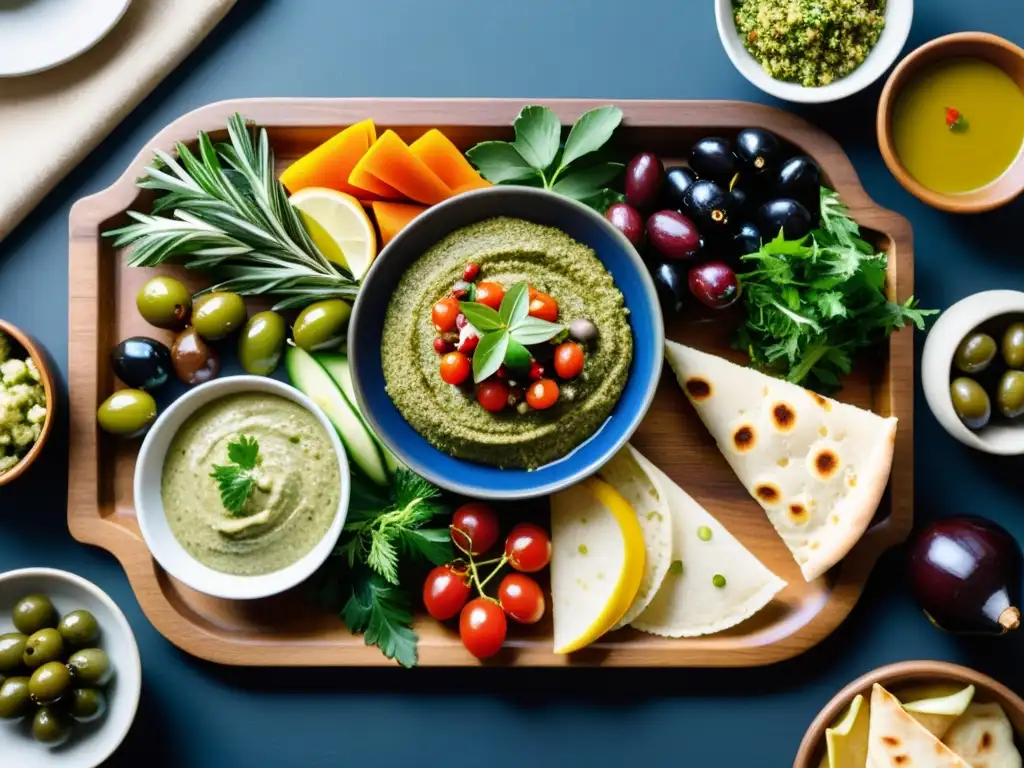 Una mesa de madera con una exquisita variedad de platos tradicionales del Mezze en Oriente Medio, destacando colores y texturas