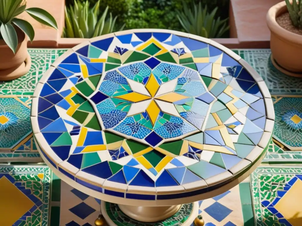 Una mesa de mosaico marroquí con patrones geométricos en azul, verde y amarillo, en un patio de riad con vegetación exuberante y una fuente