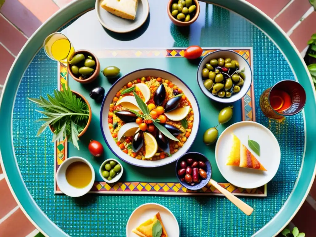 Una mesa de mosaico con tapas españolas rodeada de vegetación y azulejos