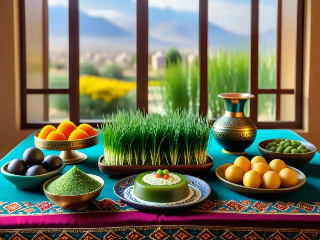 Una mesa de Nowruz exquisitamente adornada con elementos tradicionales, reflejando la fusión de tradiciones persas e islámicas