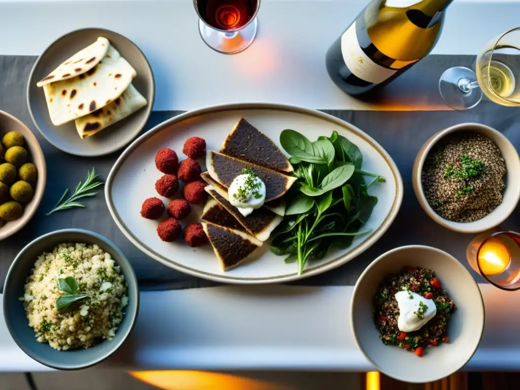 Una mesa exquisitamente preparada con platos árabes y vinos, bañada por la cálida luz del atardecer