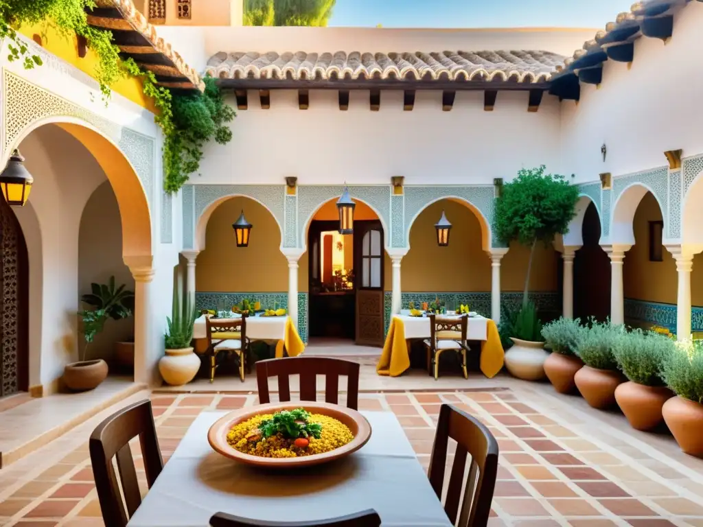 Una mesa bellamente preparada con platos halal en un patio andaluz lleno de vegetación y azulejos coloridos