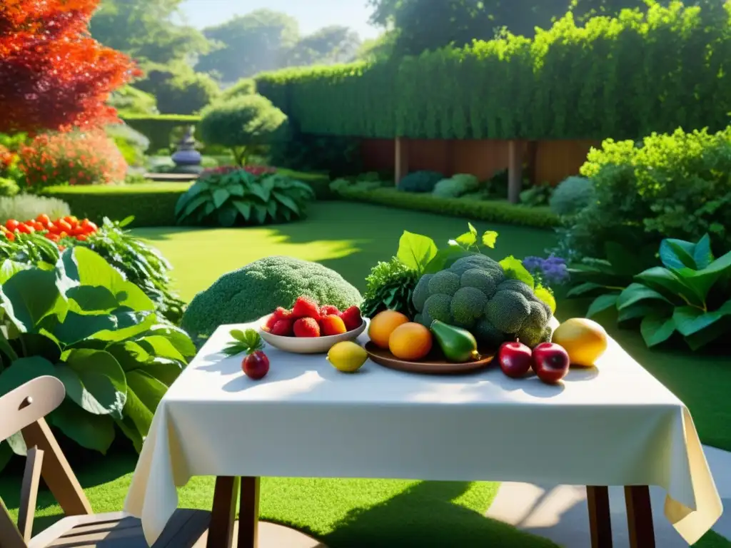 Una mesa de jardín rebosante de frutas, verduras y especias, bañada por la luz del sol entre la exuberante vegetación