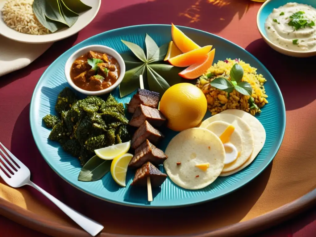 Una mesa repleta de los platos preferidos de Mahoma bañados por la cálida luz del atardecer, creando una atmósfera de tradición y deleite culinario