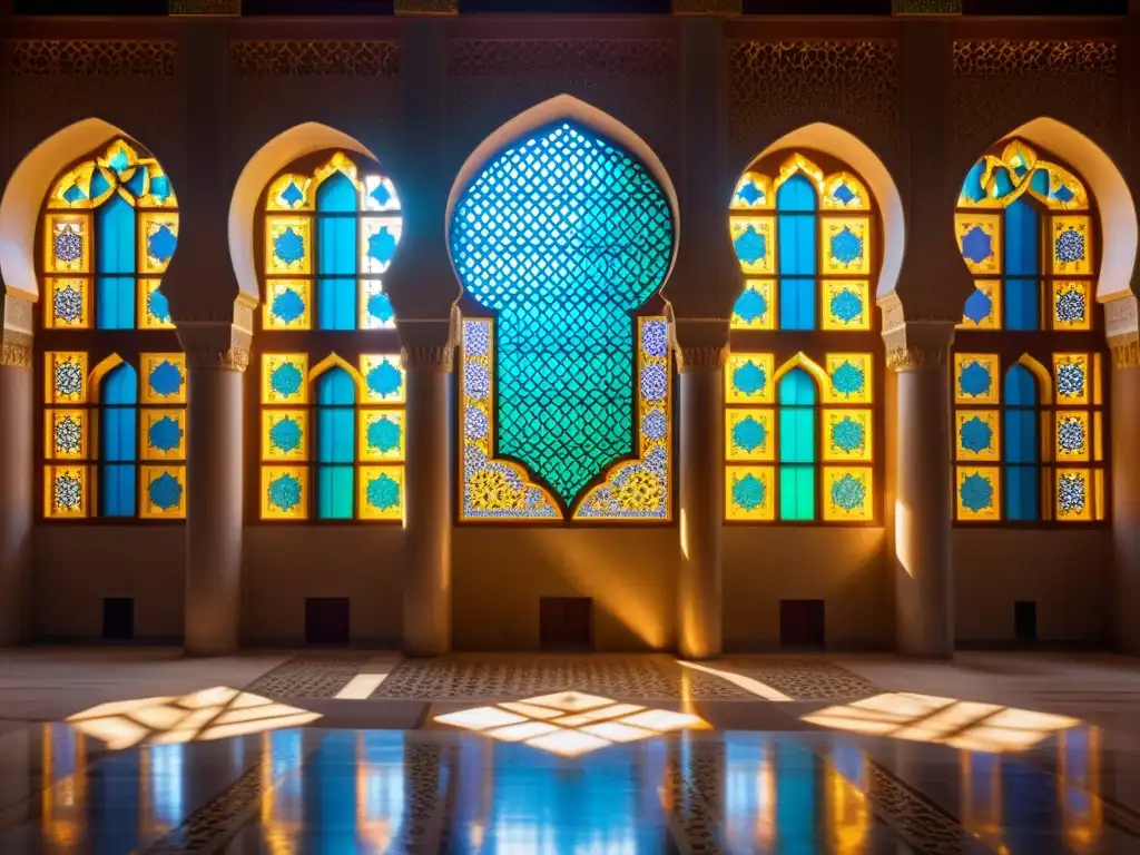 Metáforas espirituales de la luz: Intrincados patrones geométricos islámicos bañados por la cálida luz dorada en el interior de una antigua mezquita