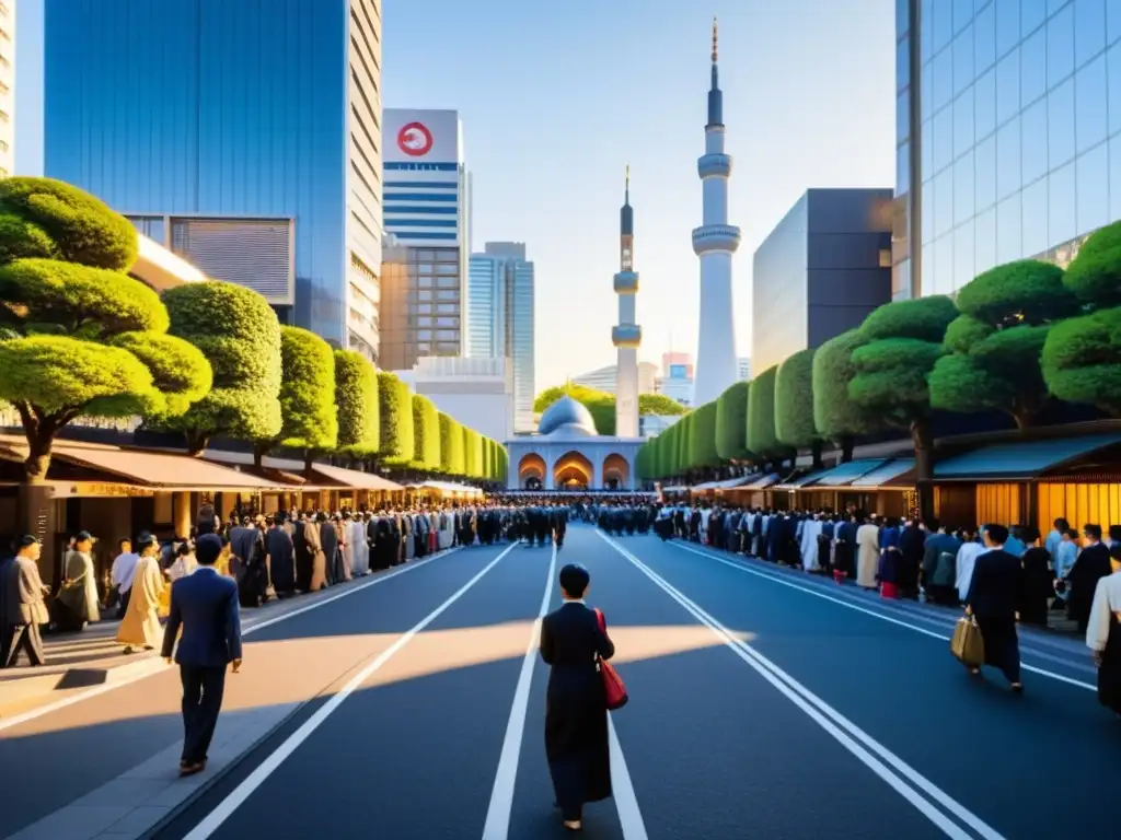 Una mezcla armoniosa de culturas: una concurrida calle en Tokio al atardecer, con una mezquita entre rascacielos