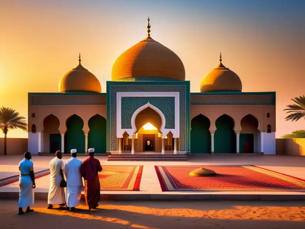 Una mezquita africana con patrones geométricos, colores vibrantes y fieles entrando al atardecer