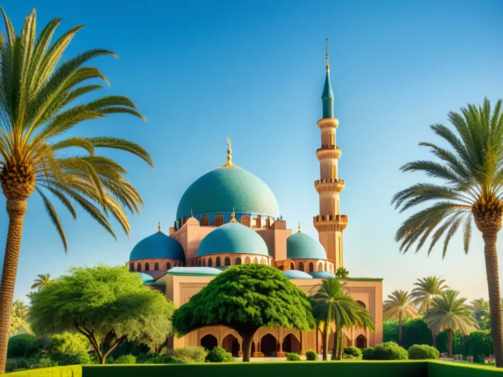 Una mezquita africana rodeada de exuberante vegetación y cielo azul