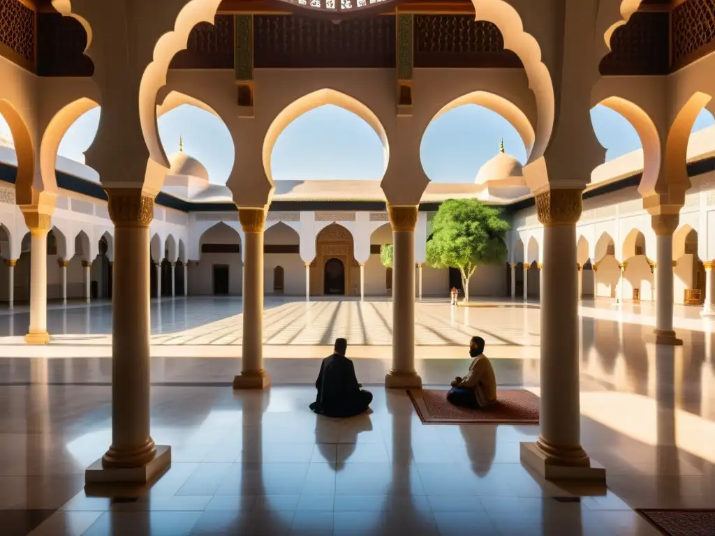 Courtyard de una mezquita con arquitectura grandiosa, estudiantes y eruditos debatiendo bajo la sombra de un árbol