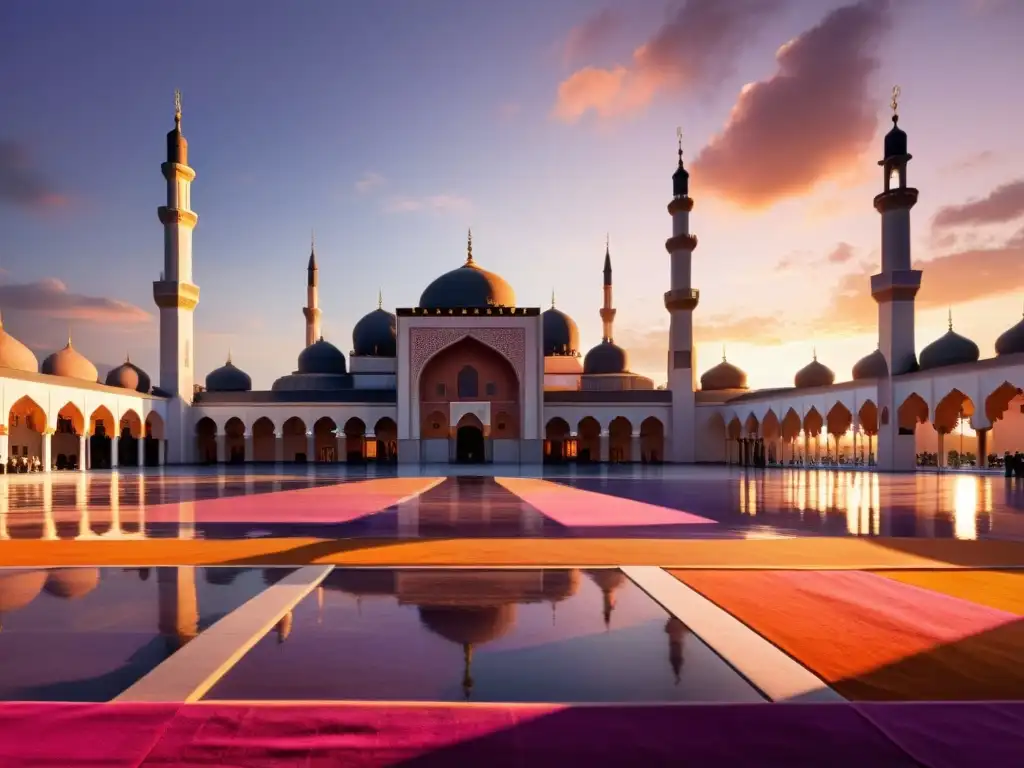 Una mezquita al atardecer, con detalles arquitectónicos y una cálida luz dorada