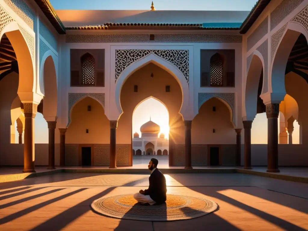 Courtyard de mezquita al atardecer, con patrones geométricos, figura en contemplación