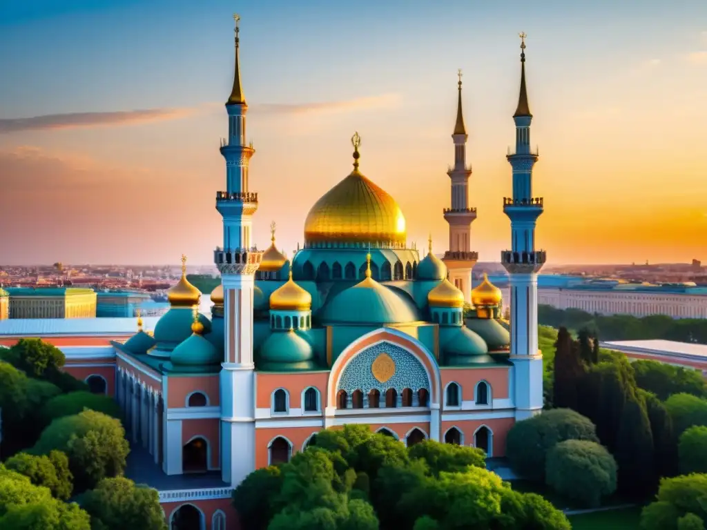 La mezquita en San Petersburgo, Rusia, bañada por la cálida luz del atardecer