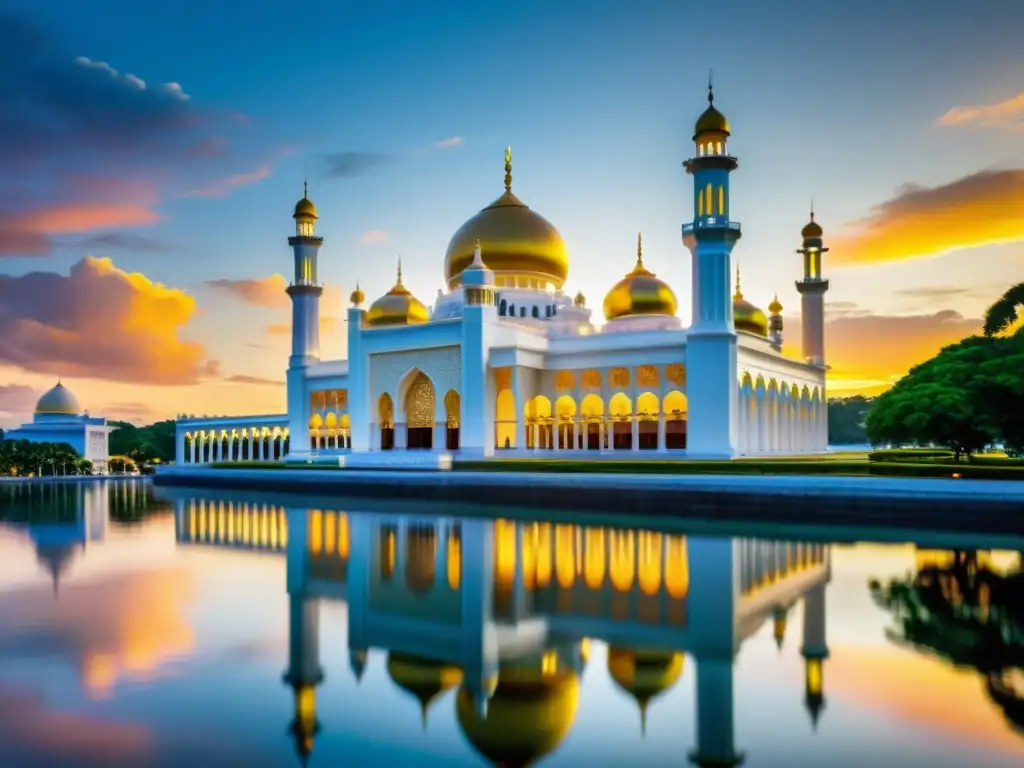 La mezquita Sultan Omar Ali Saifuddien en Brunei, con sus cúpulas doradas y fachada de mármol, reflejadas en una laguna, evoca la historia del islam en Brunei en una escena cautivadora al atardecer