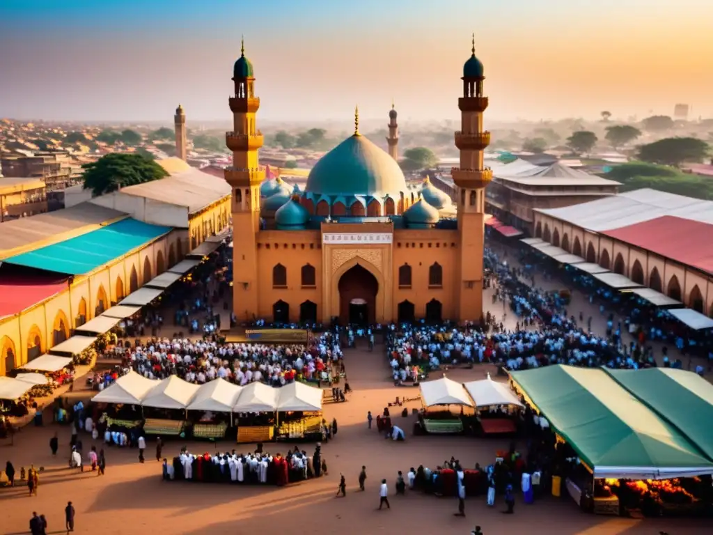 La mezquita en el centro de una bulliciosa ciudad africana resalta con el suave brillo del atardecer