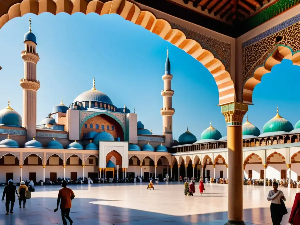 Una mezquita menos conocida se destaca en un bullicioso mercado, con detalles arquitectónicos impresionantes y colores vibrantes