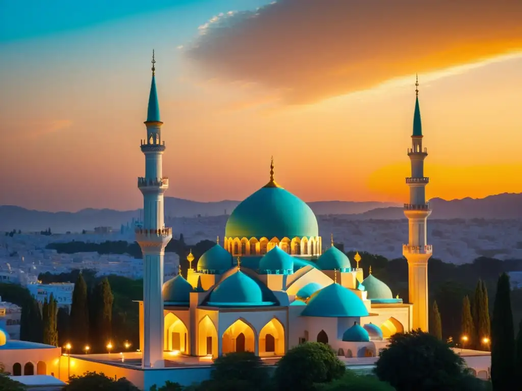 Una mezquita con cúpula turquesa y minaretes ornamentados se eleva al atardecer, bañando el paisaje en un cálido resplandor dorado