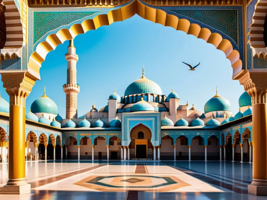 Una mezquita decorada con mosaicos y minaretes, reflejando puentes literarios entre Occidente e Islam en una ciudad bulliciosa