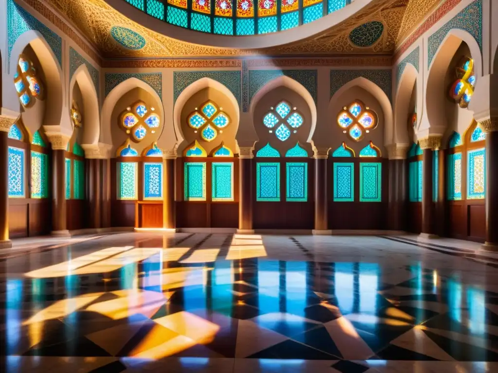 Mezquita decorada con patrones geométricos, luz solar y música en el Islam creando atmósfera espiritual