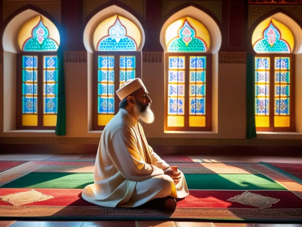 Un Sufi meditando en una mezquita decorada, revelaciones místicas Mahmud Shabistari