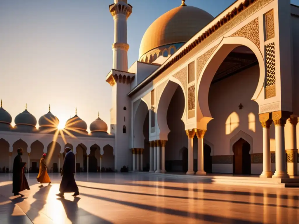 Una mezquita detallada y realista al atardecer, con luz cálida y sombras largas