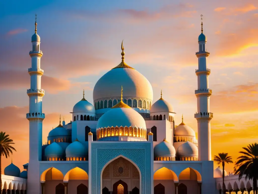 Una mezquita con detalles arquitectónicos impresionantes, cúpulas y minaretes ornamentados contra un atardecer vibrante