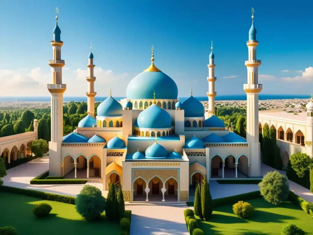 Una mezquita bellamente diseñada con detalles arquitectónicos impresionantes, rodeada de exuberante vegetación y un cielo azul