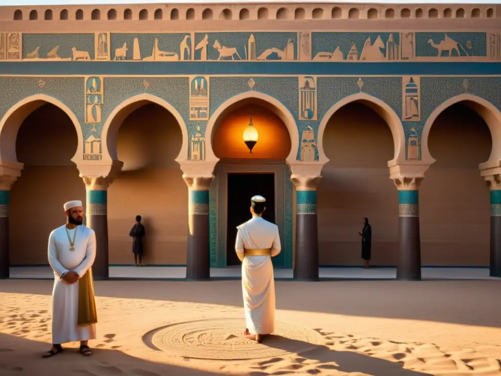 Una mezquita egipcia antigua al atardecer, con patrones geométricos, luces doradas del sol y figuras en contemplación: poesía mística sufismo egipcio