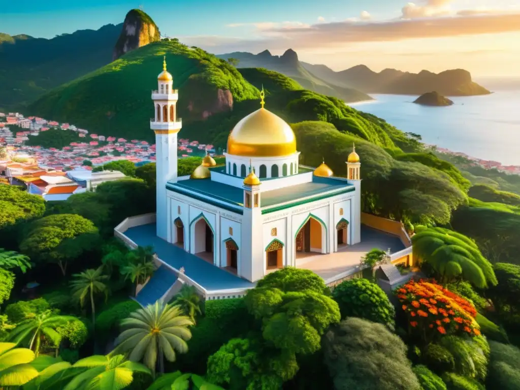 Mezquita en paisaje brasileño: fusión cultural y belleza natural Una mezquita en la exuberante naturaleza brasileña, simbolizando el crecimiento del Islam en Brasil