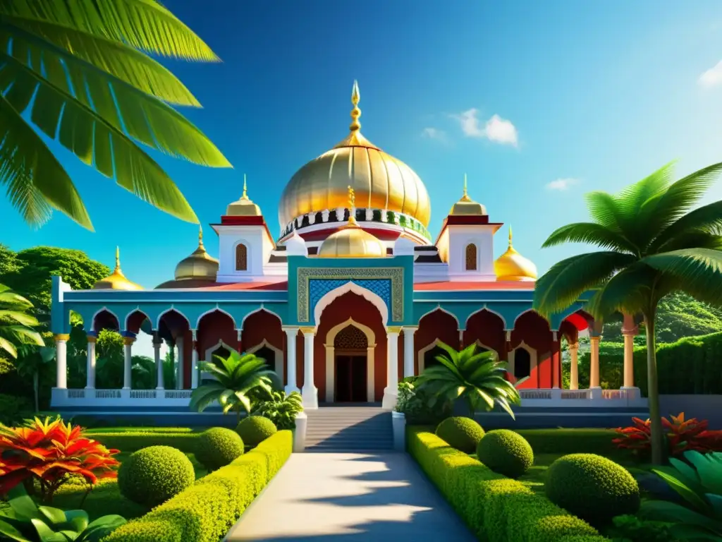 Una mezquita filipina colorida y detallada se destaca en un exuberante paisaje tropical, capturando la difusión del Islam en Filipinas