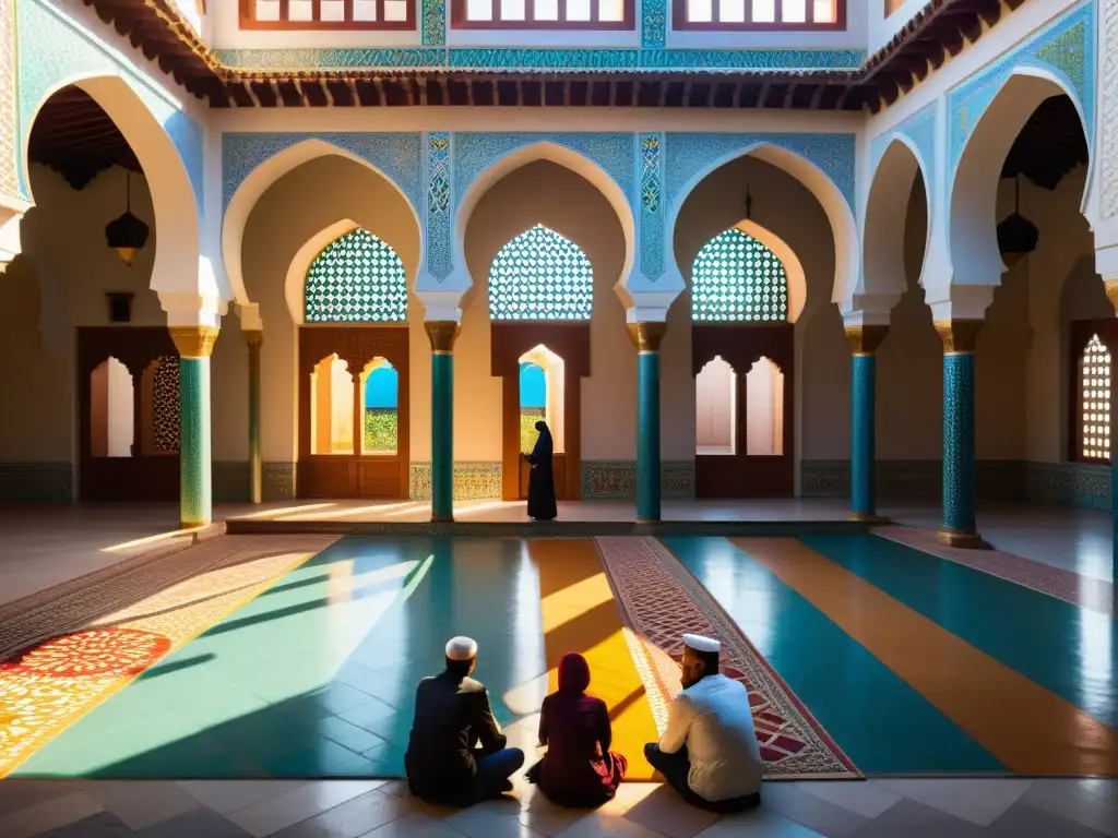 Una mezquita con un hermoso patio lleno de mosaicos coloridos y diseños geométricos