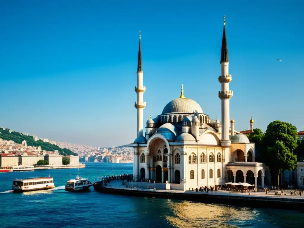 Mezquita histórica en Estambul bañada por la cálida luz del sol, con el Bósforo de fondo y visitantes admirando su arquitectura