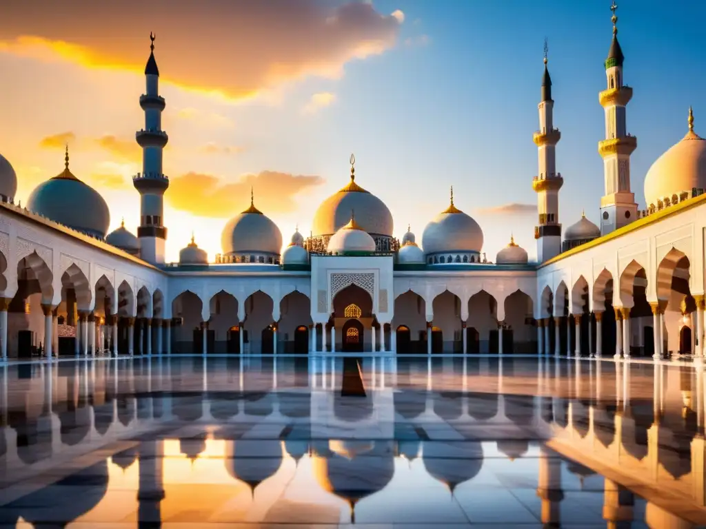 Mezquita histórica con minaretes altos y cúpulas ornamentadas, bañada por la luz dorada del atardecer