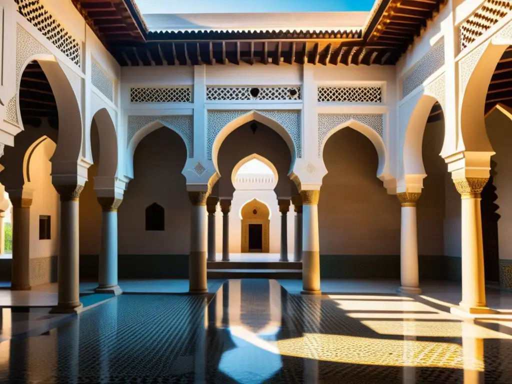 Courtyard de mezquita histórica con patrones geométricos, luz solar y pilares de piedra