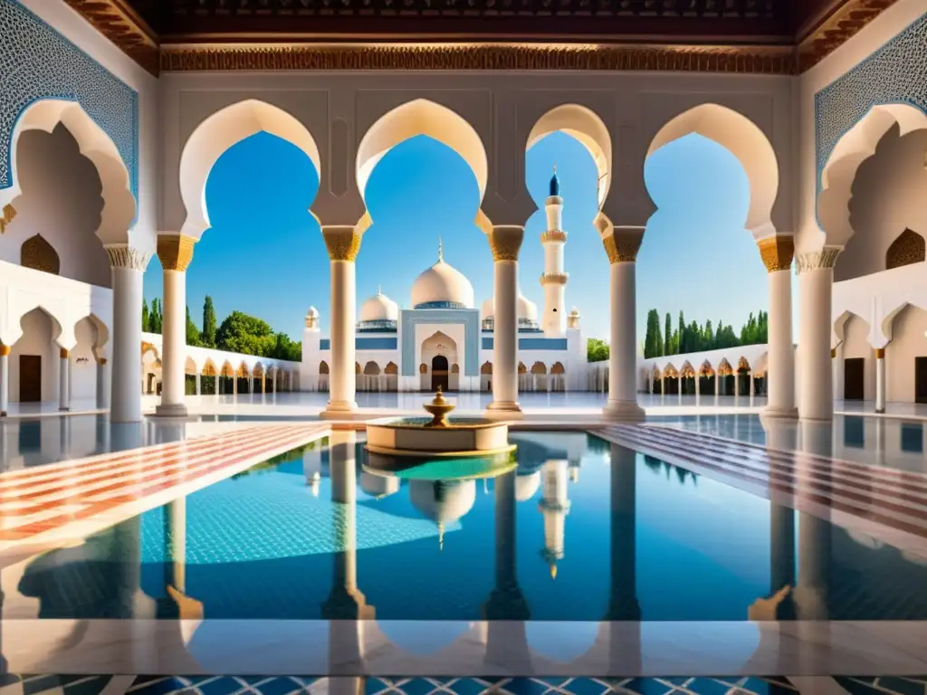 Una mezquita histórica de diseño simple con patrones geométricos, patio sereno y fuente central, bañada por la luz del sol y el cielo azul